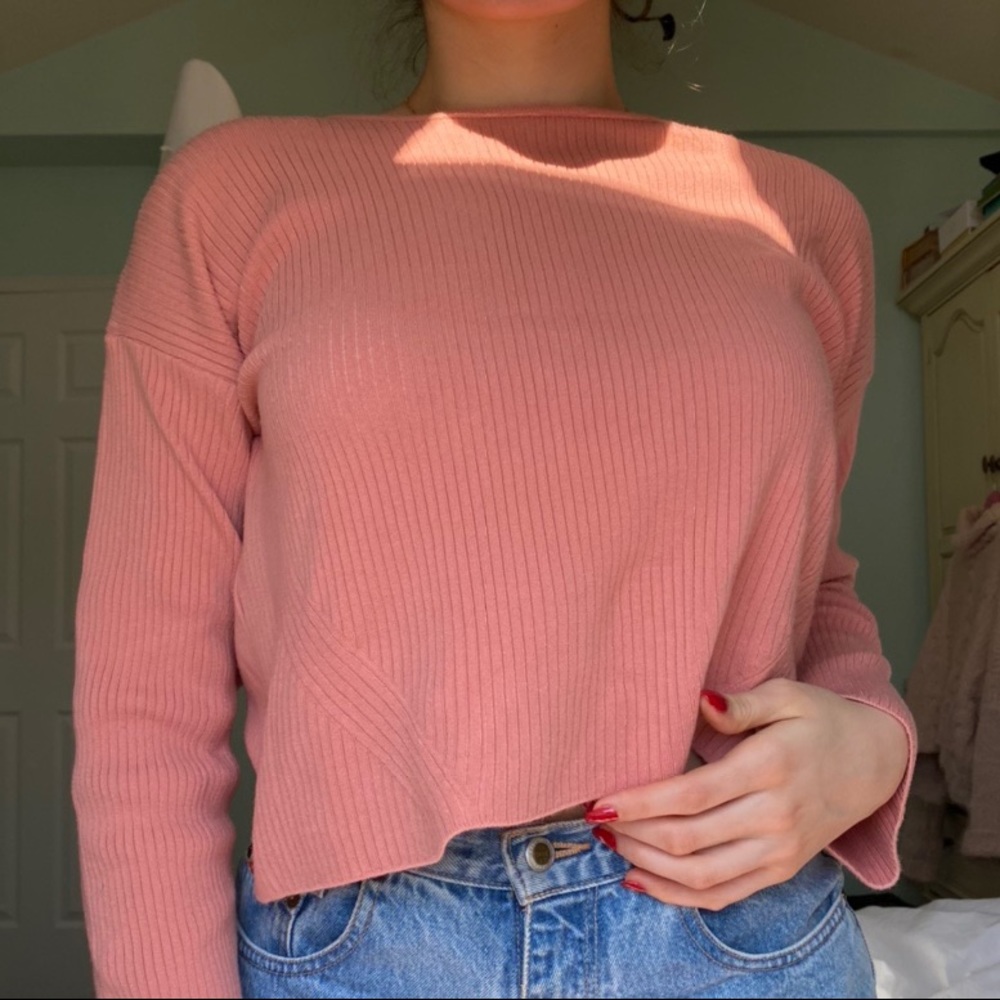 Topshop Coral Pink Ribbed Long Sleeve Top / Sweatshirt